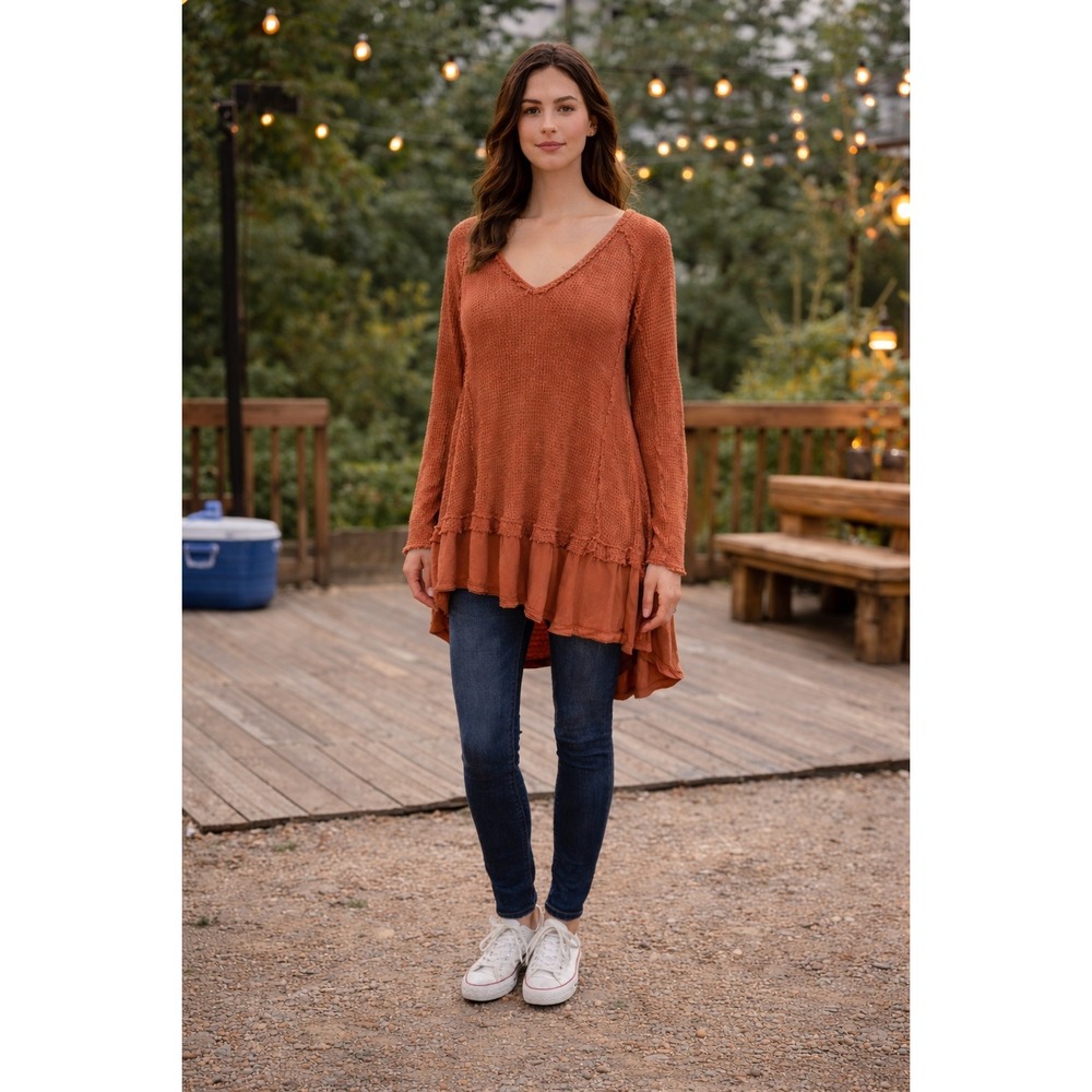 We The Free Free People Waffle Knit Thermal Boho Chic Oversized Orange Top XS